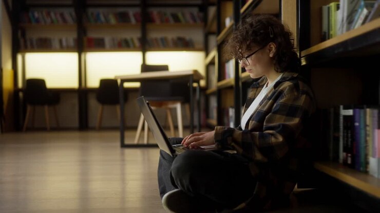 A girl with curly hair wearing glasses sits on the floor near shelves with books and takes notes on a laptop in the library