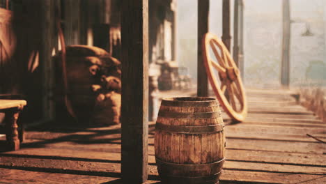 old wooden barrel on saloon porch in the wild west