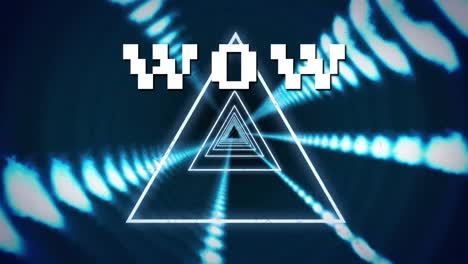 animation of digital wow text moving in loop between graphical triangular shapes and lights