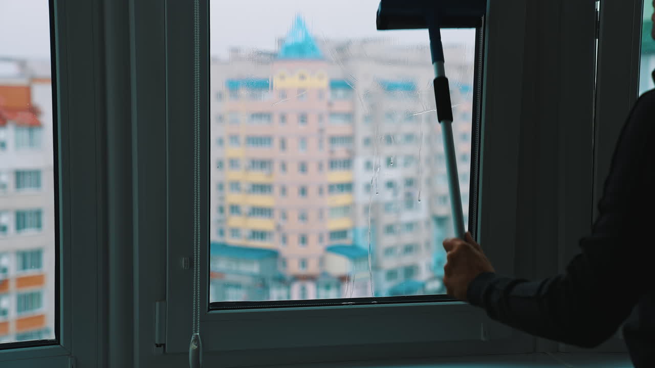 Window cleaning with water and devices. Glass cleaner working with wet windows.