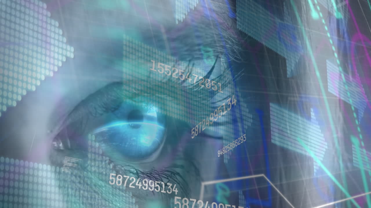 animazione di numeri di elaborazione dei dati e frecce sopra l'occhio blu