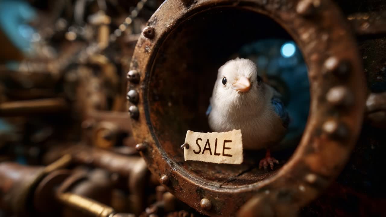 A charming little bird perches in a vintage mechanical setting, its bright eyes peering out from a round frame adorned with gears, showcasing a sign that reads 'SALE' beneath it