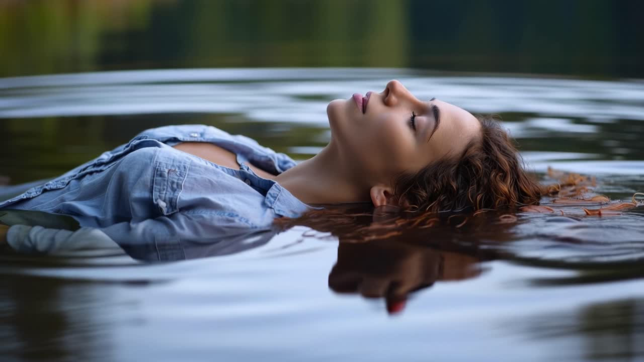 Woman floats calmly in tranquil water. Her eyes are closed, expression serene. Hair drifts gently with water's movement. Blue shirt floats softly around her. Nature's quietude soothes the soul