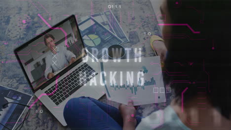 attending virtual meeting, person using animation with growth hacking data charts