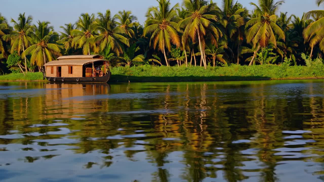 Serene video scene of a houseboat on a tropical river, surrounded by lush palm trees
