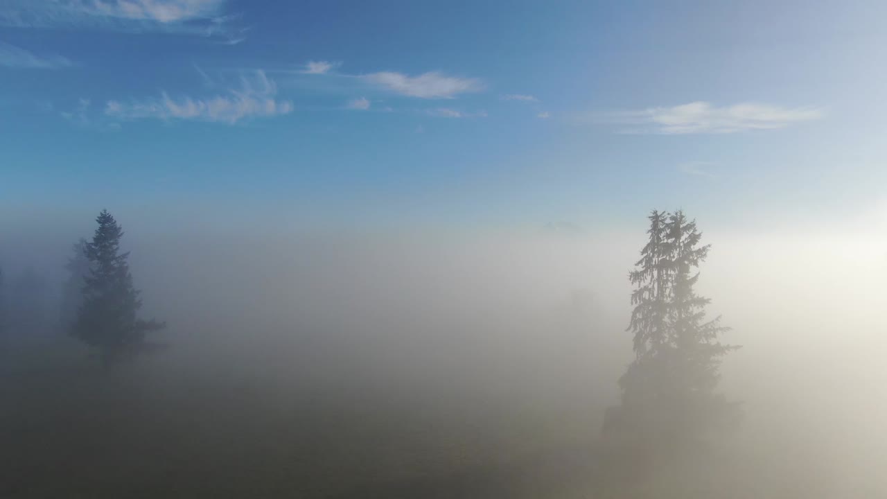 푸른 하늘과 산을 배경으로 안개 낀 들판 위로 이른 아침 드론 비행