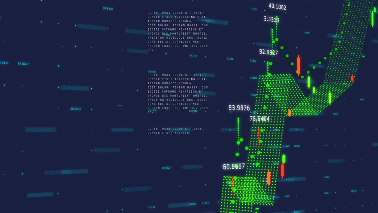 Animation of financial data processing over dark background