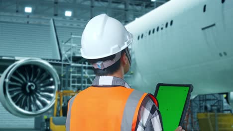 vista posterior cercana de un ingeniero masculino asiático con casco de seguridad de pie con la aeronave en el hangar. zoom en la tableta de pantalla verde y mirando a su alrededor mientras el mantenimiento de la aeronave
