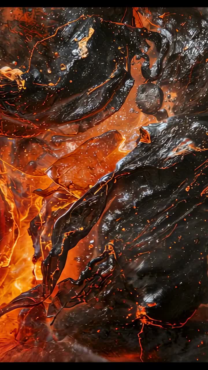 Vertical video: Rising heat pushing glossy crust exposing hot orange channels at macro with embers