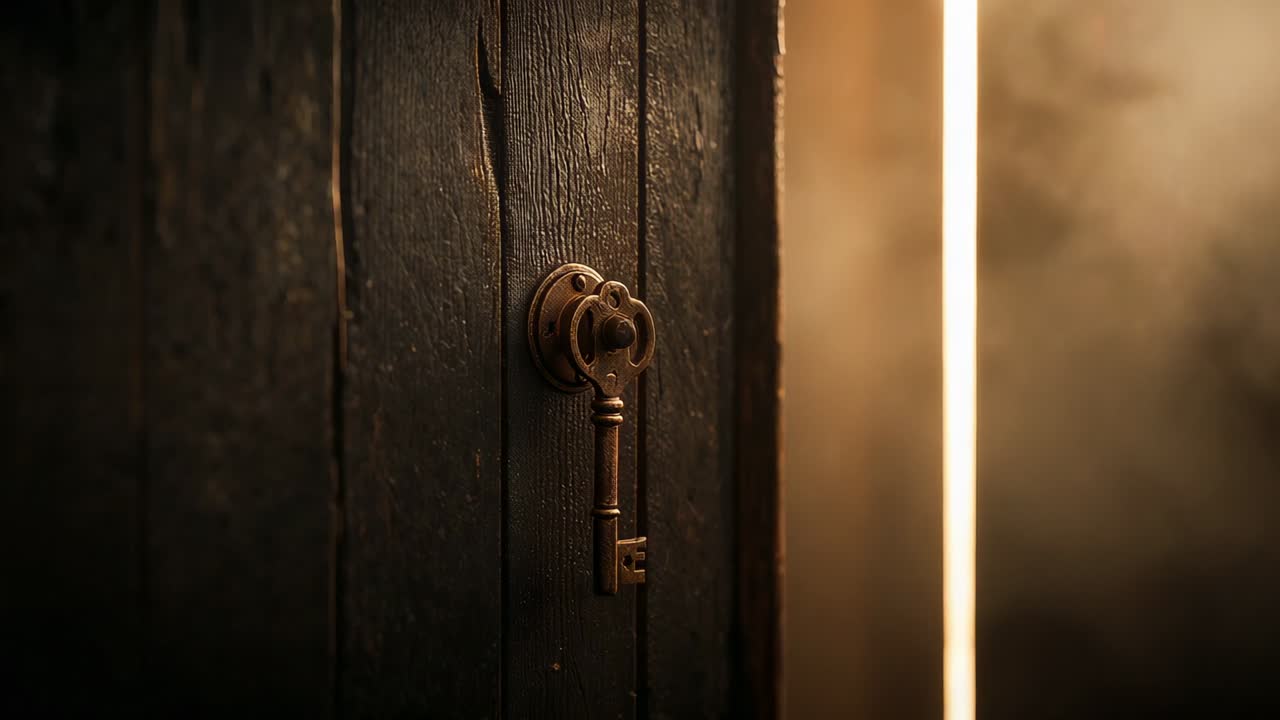 Brightening hidden light seeping through narrow door gap indoors, lighting antique key, lock plate