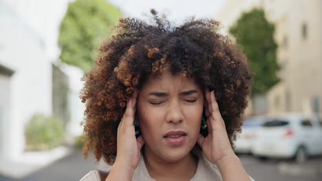 Woman,-face-or-headache-outdoor-with-pain