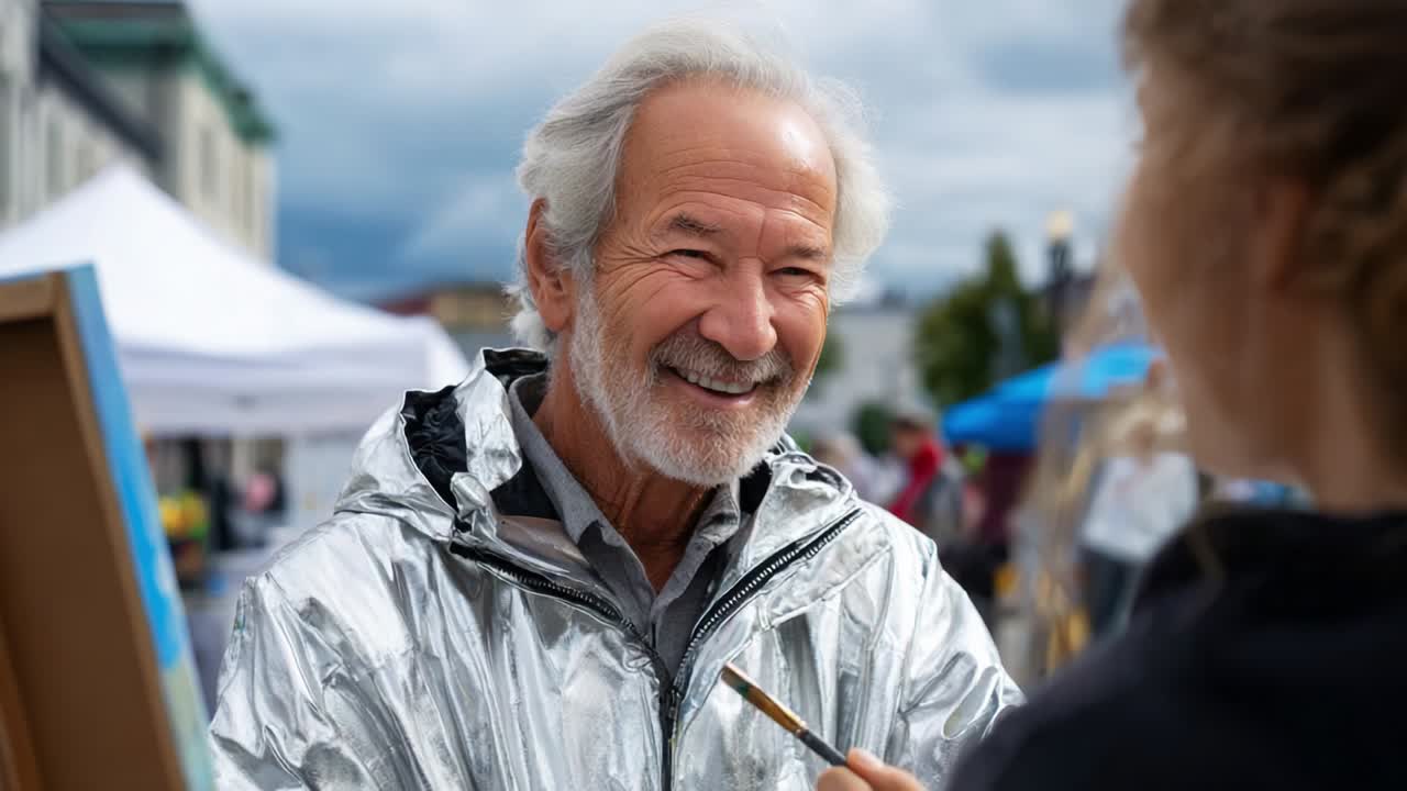 A Joyful Interaction Between an Elderly Artist and a Young Painter at an Outdoor Art Event, Capturing the Essence of Creativity and Connection in a Beautiful Setting