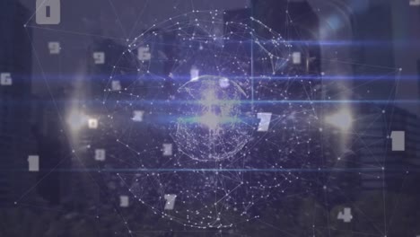 animación de un globo giratorio con una red de conexiones, procesamiento de datos y luces brillantes