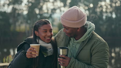 Camping,-coffee-and-couple-hug-in-nature