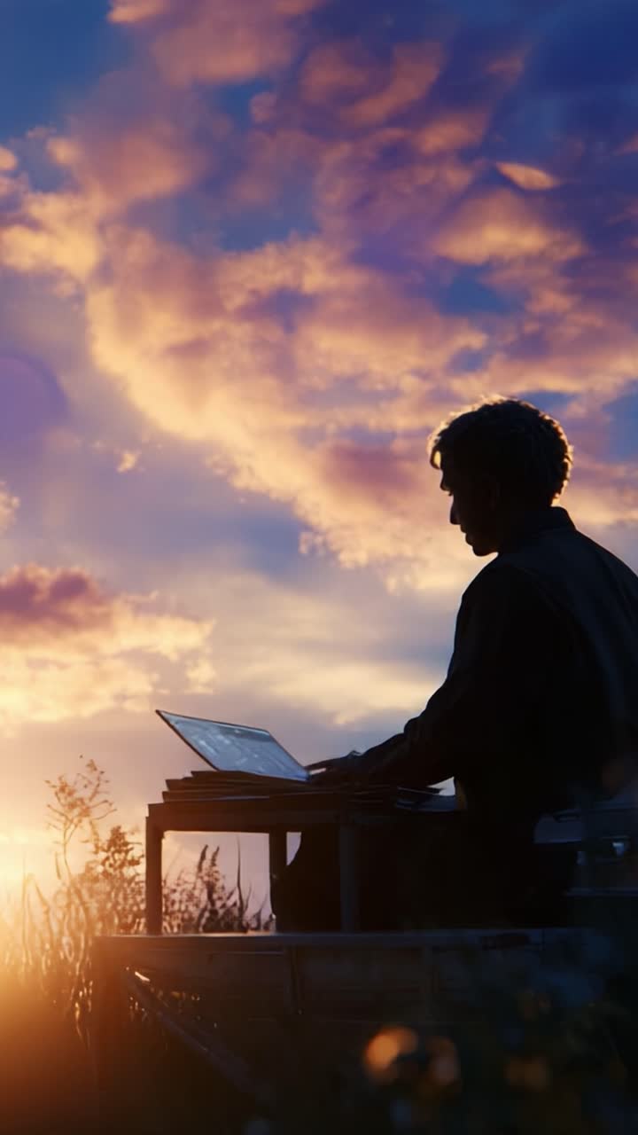 Silhouetted Figure Engrossed in Work as the Sun Sets, Casting a Warm Glow Over a Serene Landscape, Capturing the Essence of Productivity and Reflection in a Beautiful Natural Setting