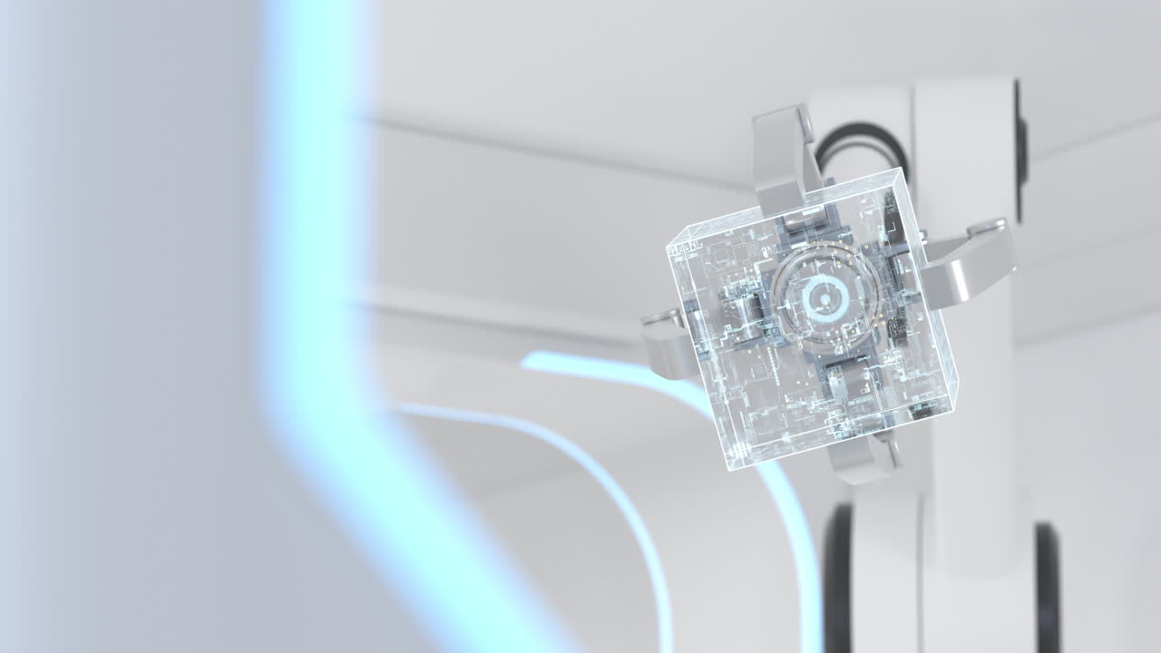 brazos robóticos en la habitación blanca futurista, renderización en 3d.