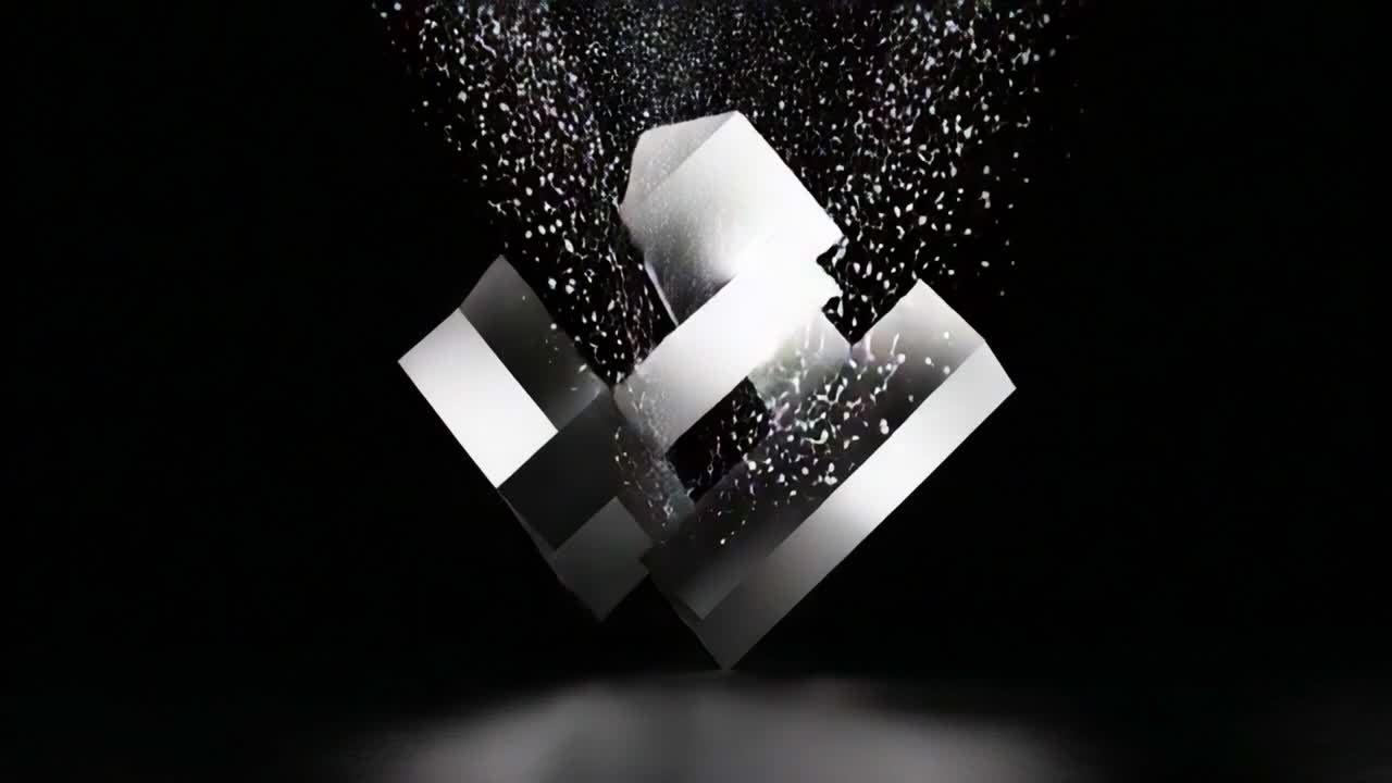 Dynamic Geometric Shapes Emerge from a Dark Background, Utilizing Light and Particles to Create a Stunning Visual Experience in Motion and Depth
