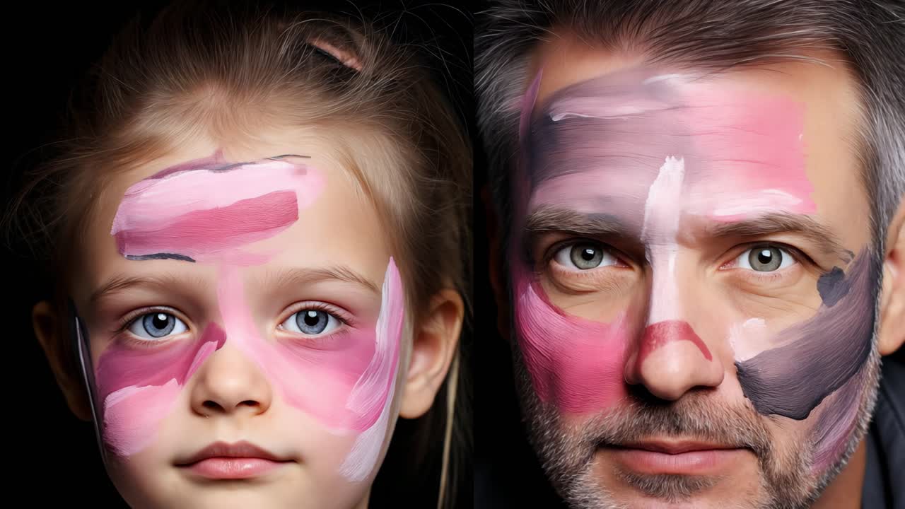 Father and daughter bonding through vibrant face painting, creating playful abstract art designs on their faces, expressing creativity and joy against sleek black background
