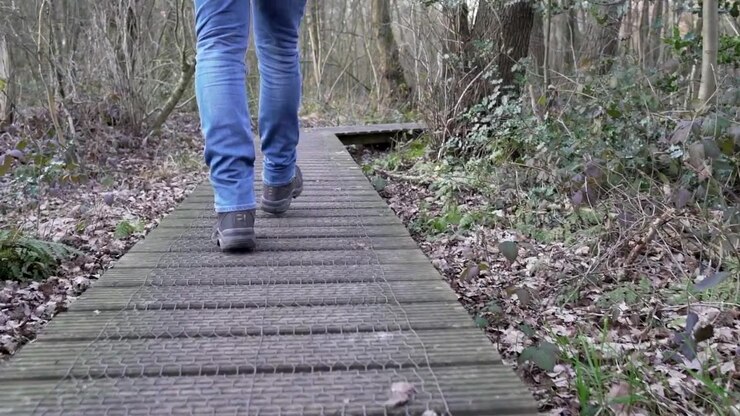 Unknown man walking in jeans on a wooden path in a forest. Slow-motion footage of 2 legs walking, filmed from behind.