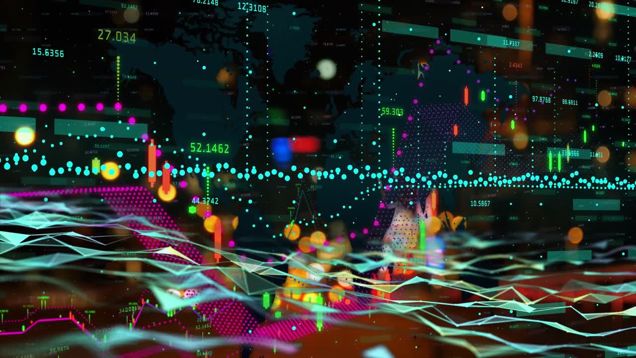 금융 데이터 처리 및 디지털 파동의 애니메이션 밤 도시 교통에 대항