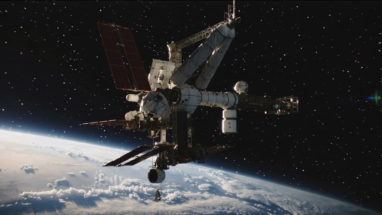 Sun flaring pulling back camera revealing station over Earth, tethered astronaut hanging in suit