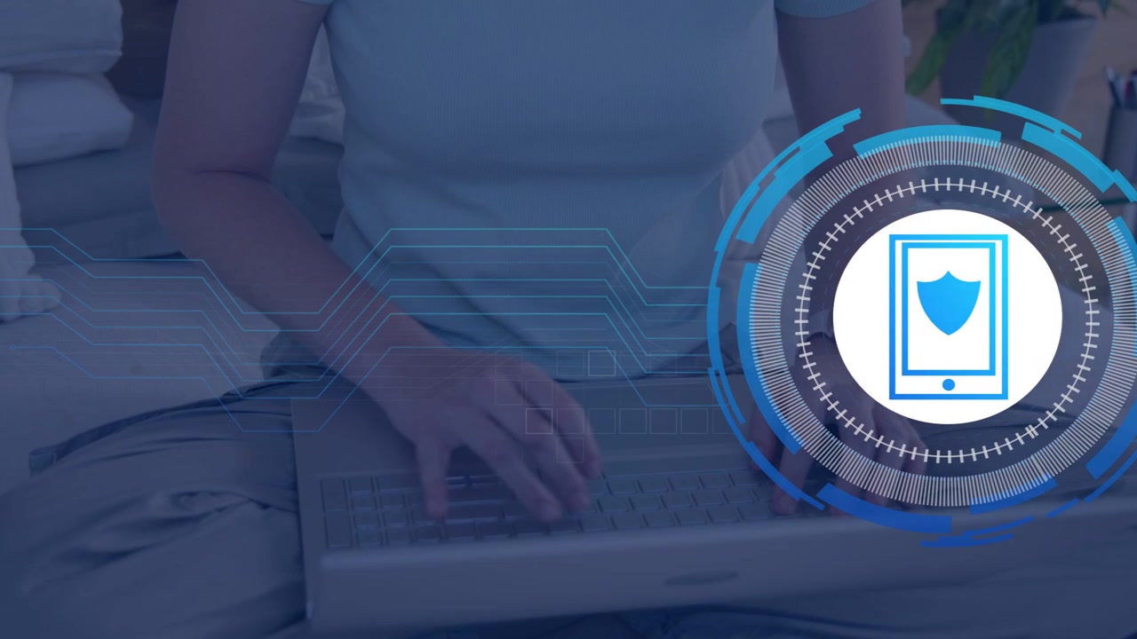 Woman typing on laptop, starting security HUD with phone shield, circuits aligning, protecting data