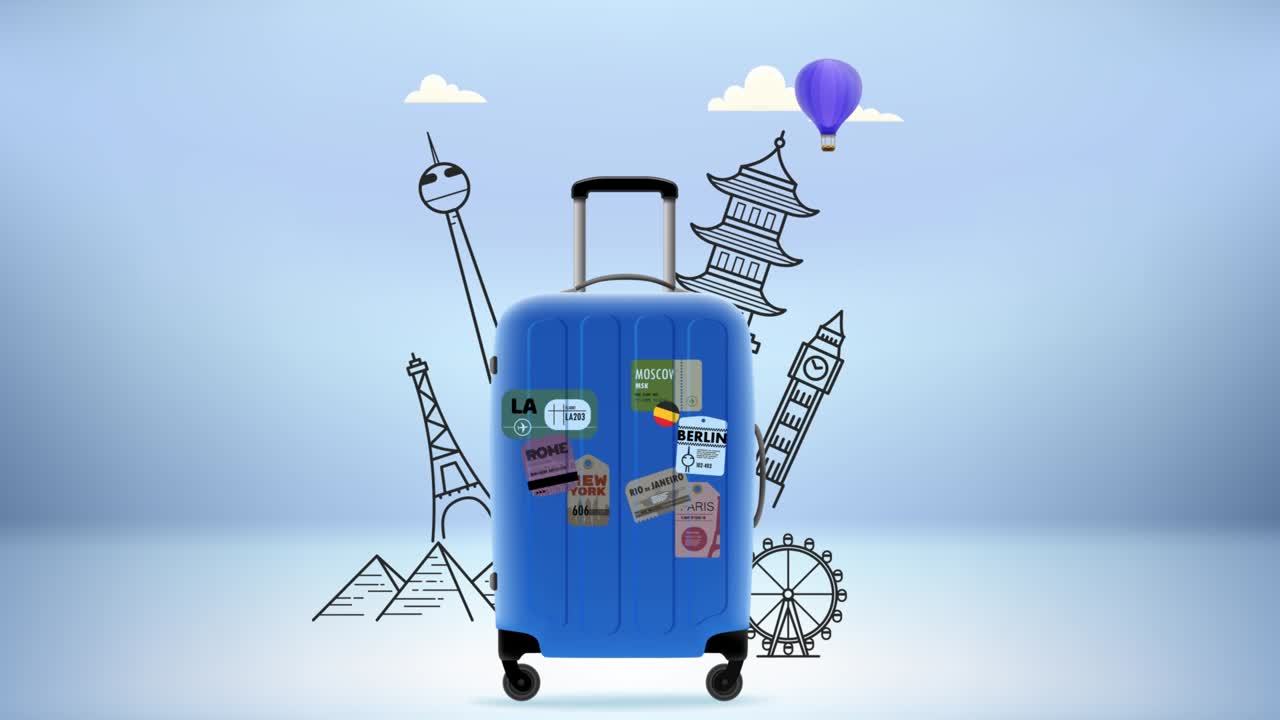 equipaje con siluetas de lugares de interés mundial. video 3d
