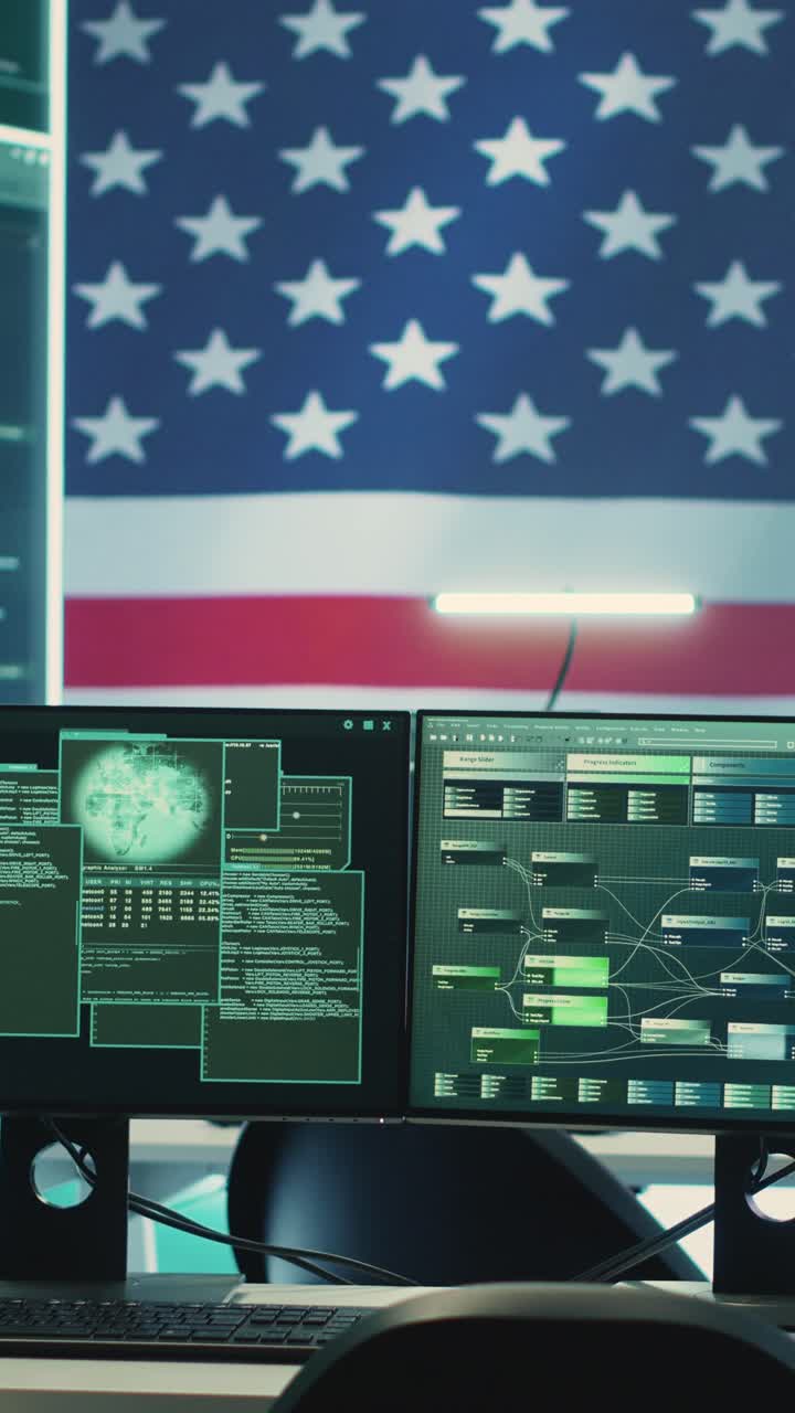 Computer Monitors Displaying Data and Code with American Flag Background