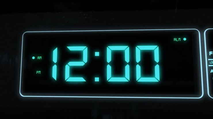 High quality CGI render of a digital alarm clock, with glowing pale blue numbers, ticking over from 11