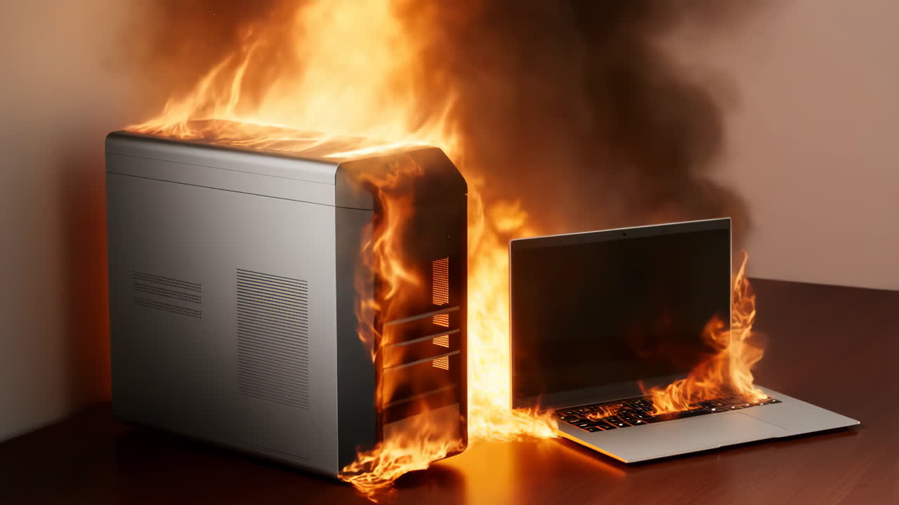 Desktop Computer and Laptop on Fire