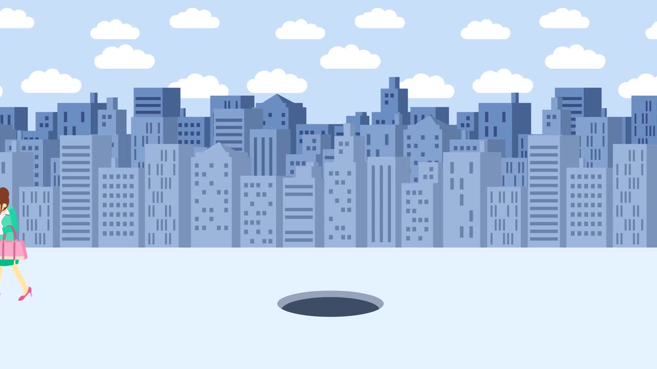 Donna d'affari che salta oltre il buco. Sfondo di edifici. Concetto di rischio. Illustrazione in loop in stile piatto.