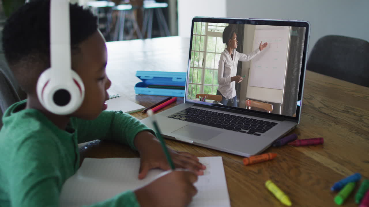 Menino afro-americano usando fones de ouvido em videochamada no laptop enquanto faz a lição de casa em casa