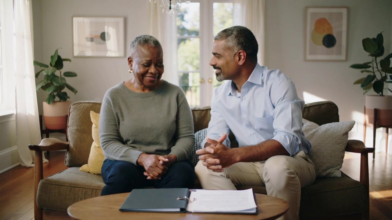 Talking man in blue shirt engaging woman in gray sweater on sofa, pointing at binder, reviewing