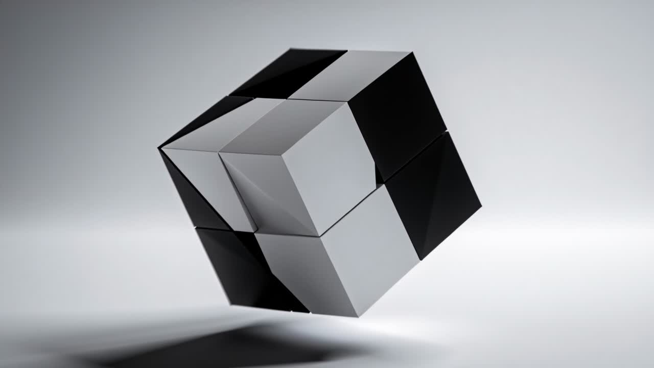 En modulær terning roterer, glider og justerer sømme, viser produktdesign på grå gradient.