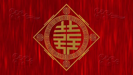 lunar new year, spring festival background with double happiness, simbol, clouds, glittering stars. chinese new year red paper backdrop for event. 3d rendering animation. seamless loop 4k video