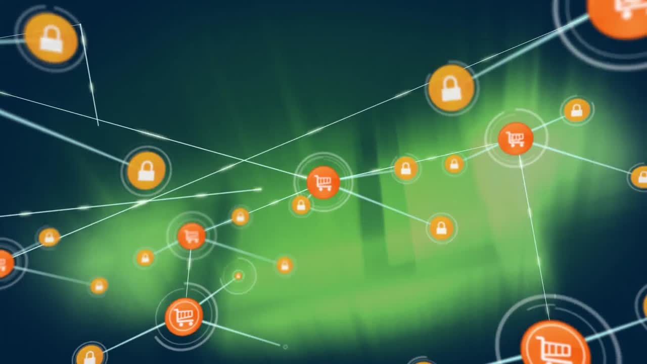 animación de la red de conexiones con iconos sobre formas de color verde claro.