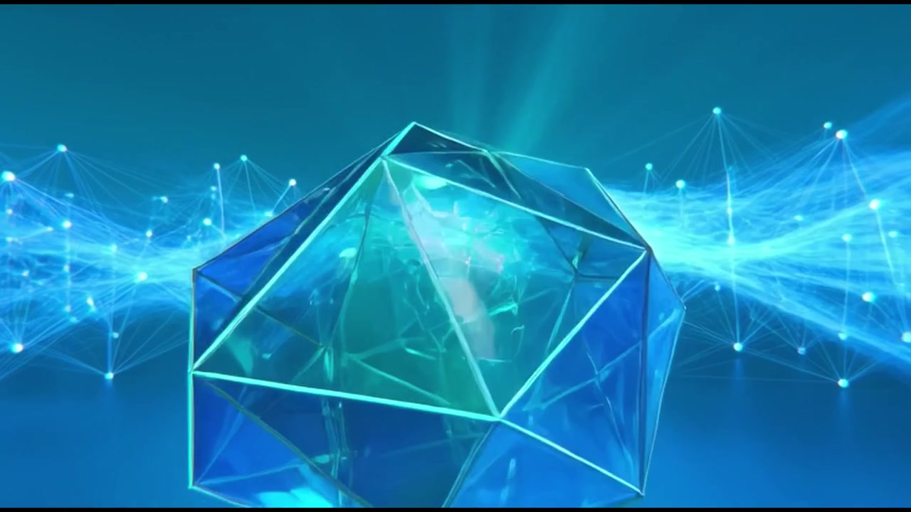 Abstraktit 3D-geometriset muodot leijuvat digitaalisen verkon läpi.