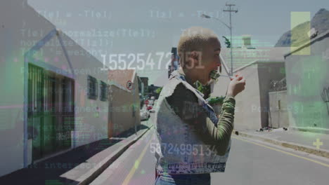 animation of numbers and data processing over woman eating take away salad
