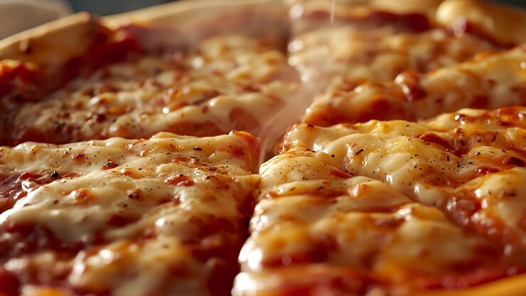 Mostrando una pizza rettangolare che fuma e il formaggio si assesta dopo la cottura su un vassoio da cucina con condimento.