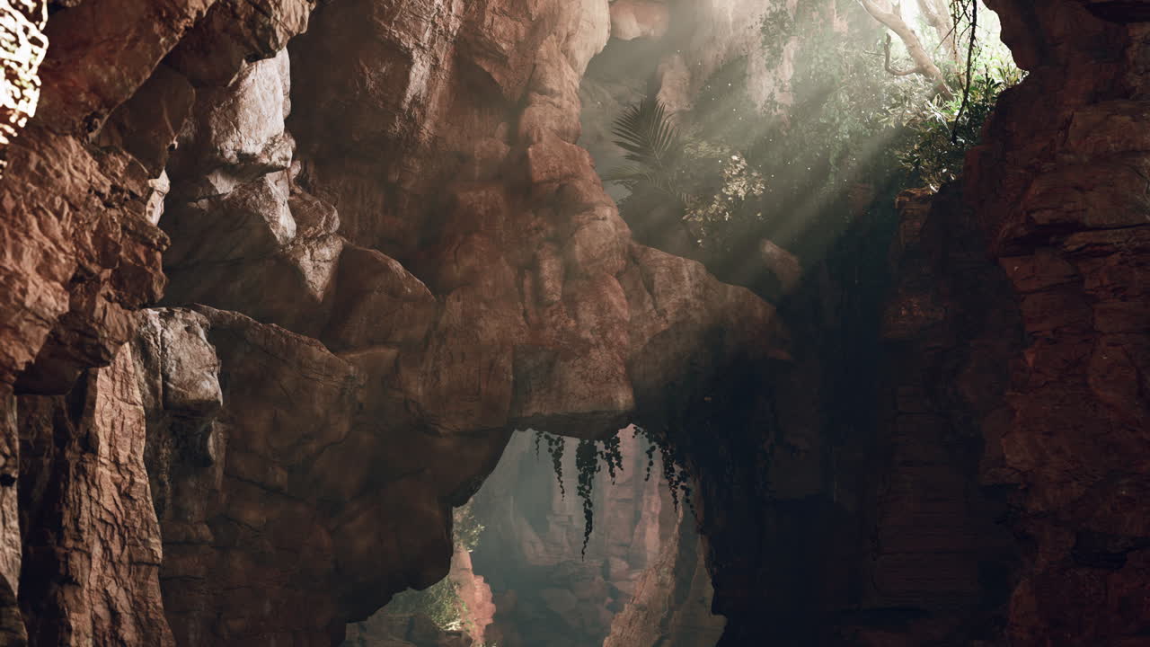 un rayo de sol brilla a través de una cueva oscura y brumosa en una selva tropical.