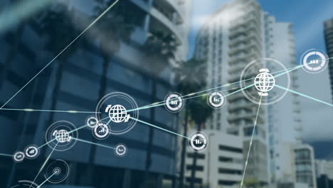 network of connections and data processing animation over city buildings