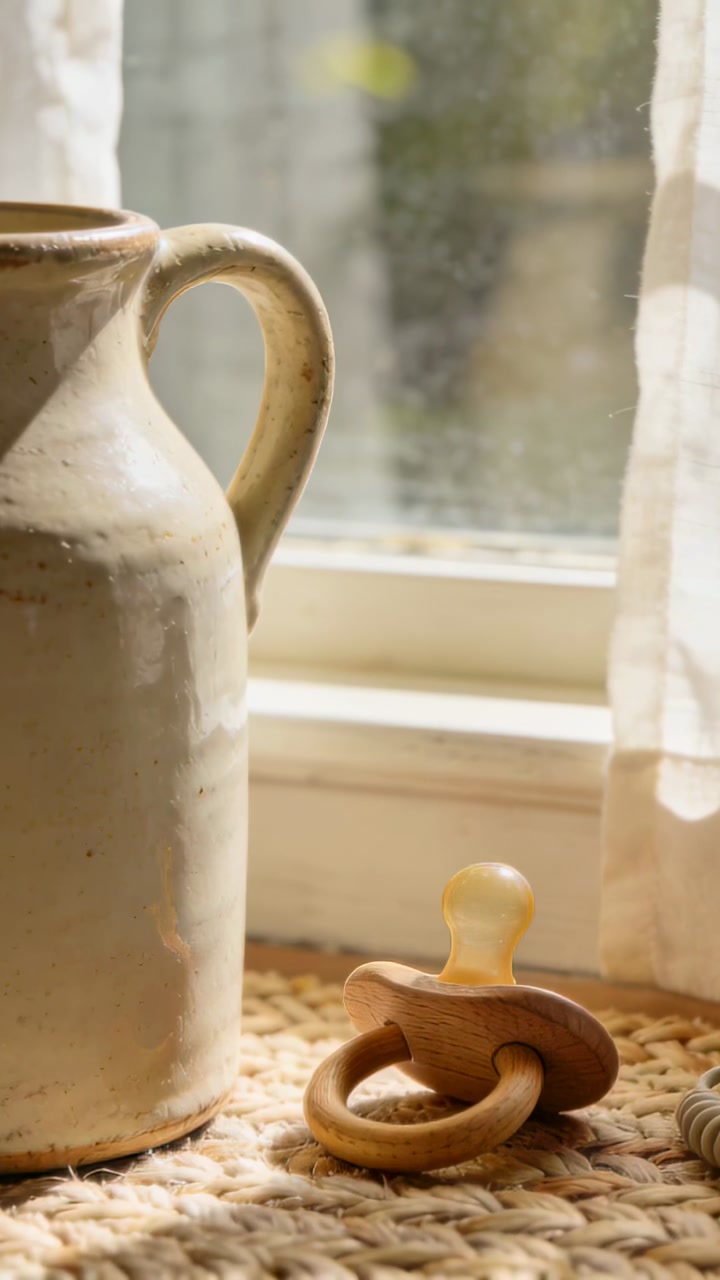 Shifting camera revealing wooden pacifier and cream jug on windowsill, capturing calm still-life