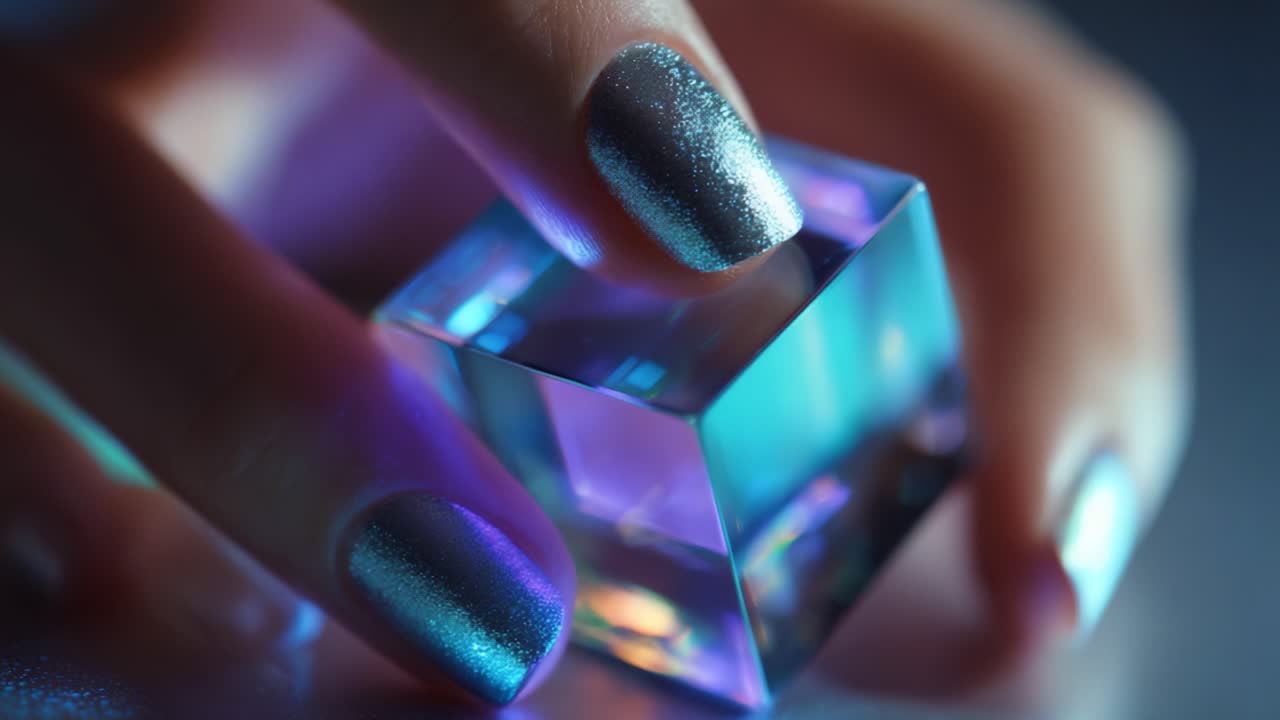 A Mesmerizing Close-Up of a Hand Holding a Colorful, Reflective Glass Cube with Sparkling Fingernails Set Against a Softly Lit Background, Creating an Ethereal and Dreamlike Atmosphere