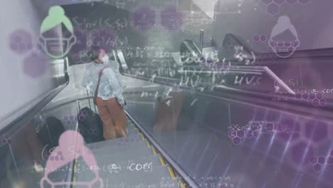 Animaton of a woman with a mask on an escalator over macro icons and formulas
