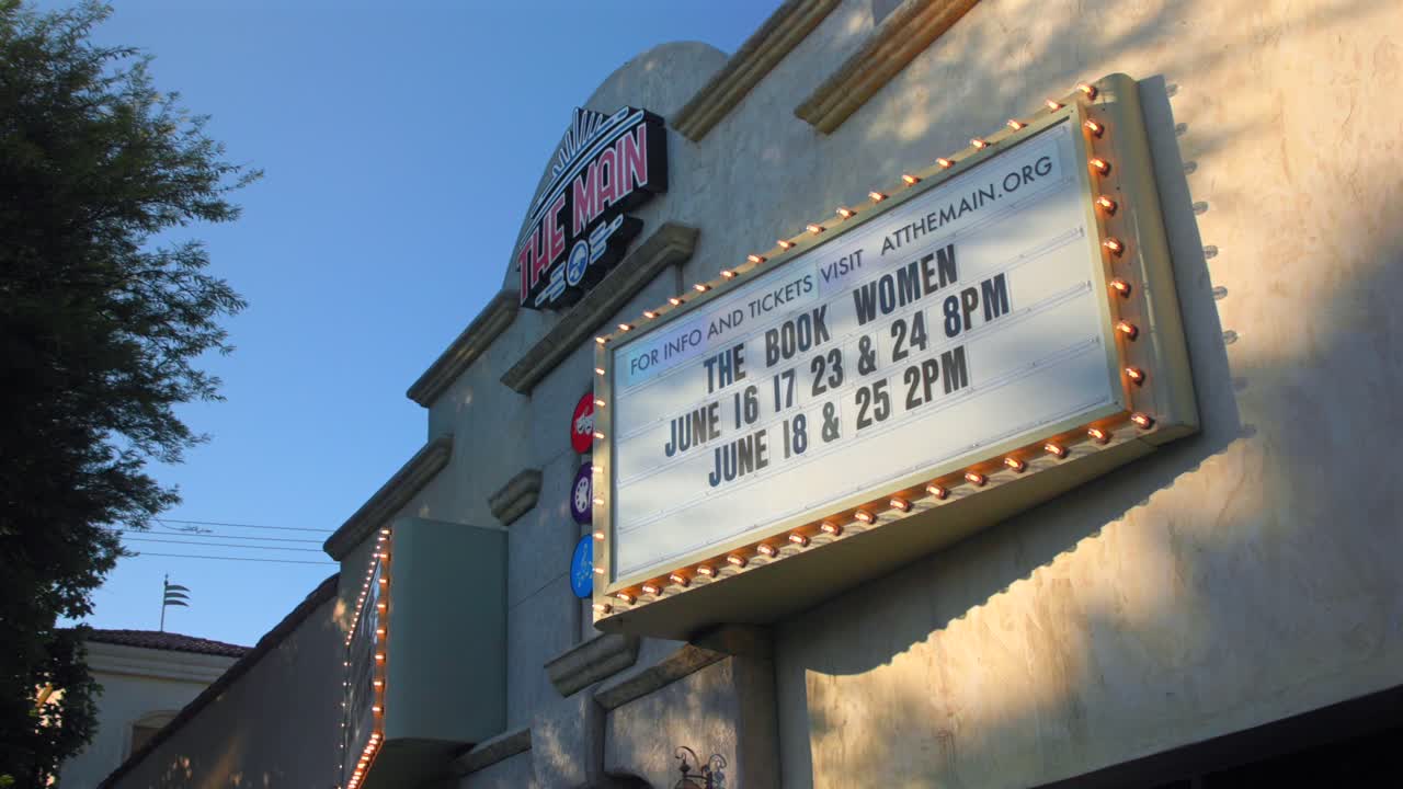 Exterior of the Main Theatre, golden hour in Newhall, California, USA
