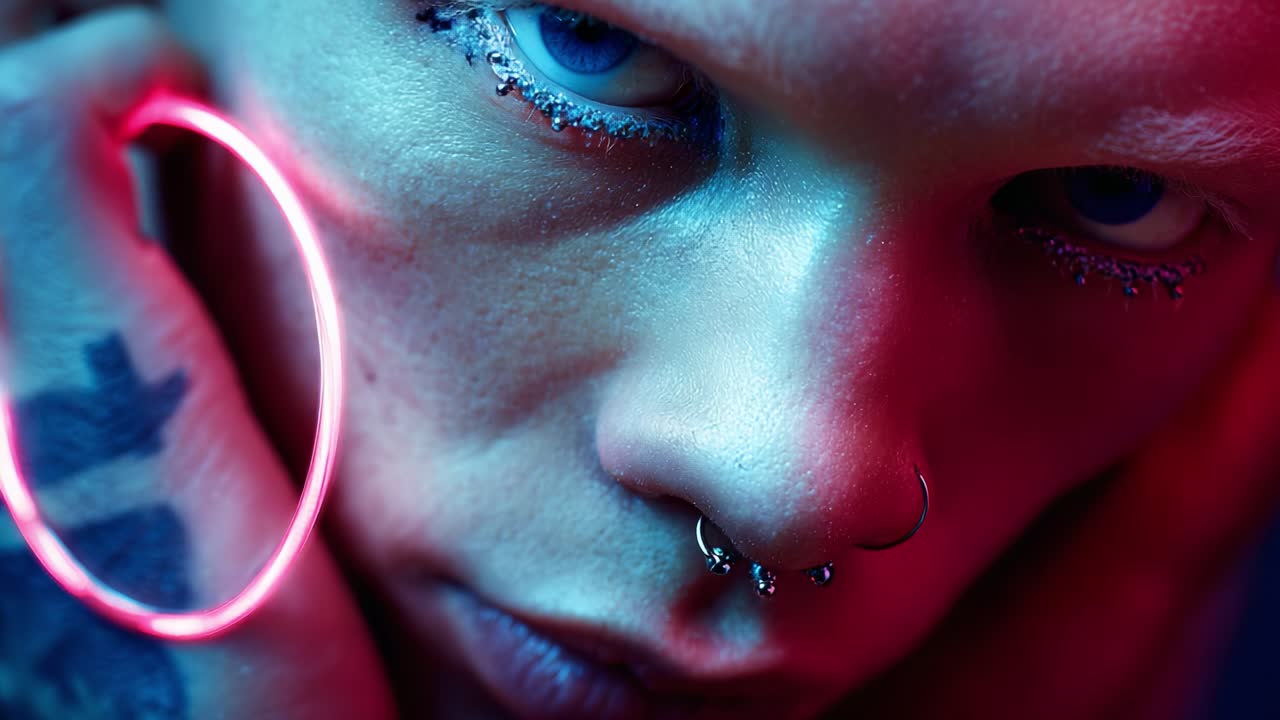A Close-up Portrait of an Individual with Piercings and Unique Eye Makeup Under Neon Lighting, Capturing a Striking Look That Exudes an Edgy and Contemporary Vibe