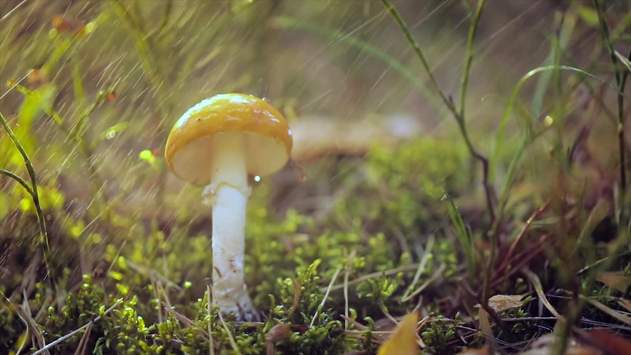 Amanita muscaria, Fly agaric Mushroom In a Sunny forest in the rain.