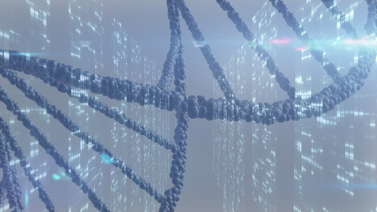 파란색 배경의 모자이크 사각형 스크린에 대한 dna 구조와 빛 점의 애니메이션