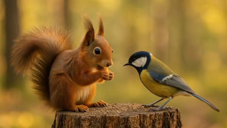 close-up video frame of a squirrel and bird on a tree stump in a forest