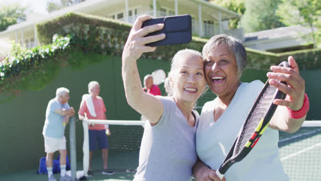 Montage-of-diverse-group-of-male-and-female-senior-friends-doing-activities-together,-slow-motion